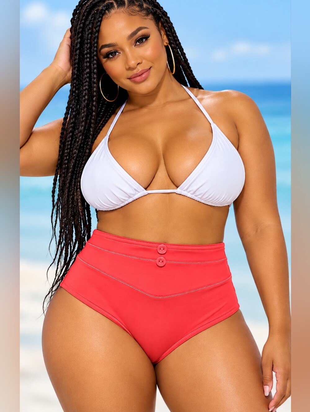 Freya Coral-red With White Stitching High-Waist Bikini Bottoms